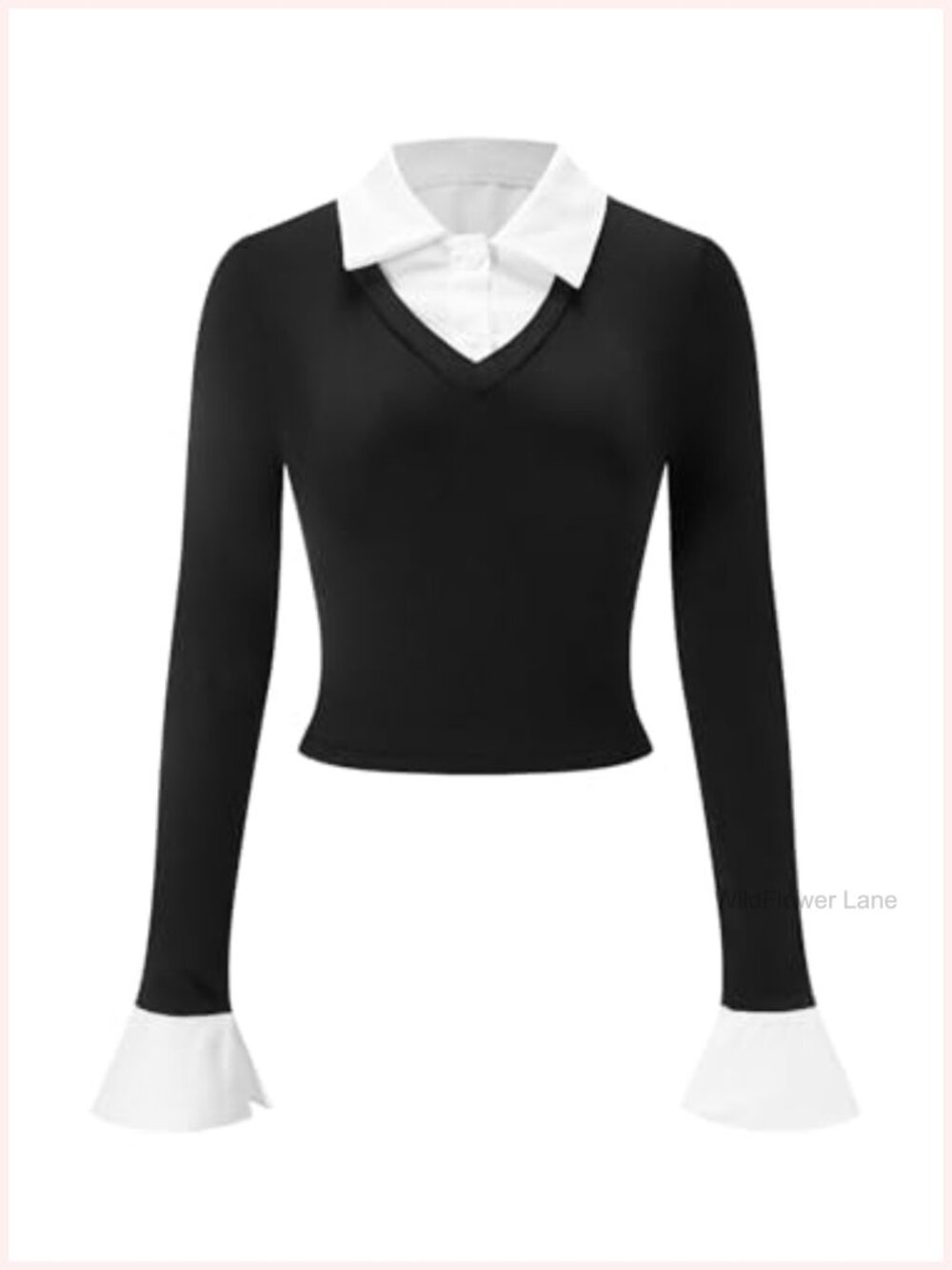 Bell Sleeve Collared Crop Top Button Down Slim Fit Long Sleeve T Shirt